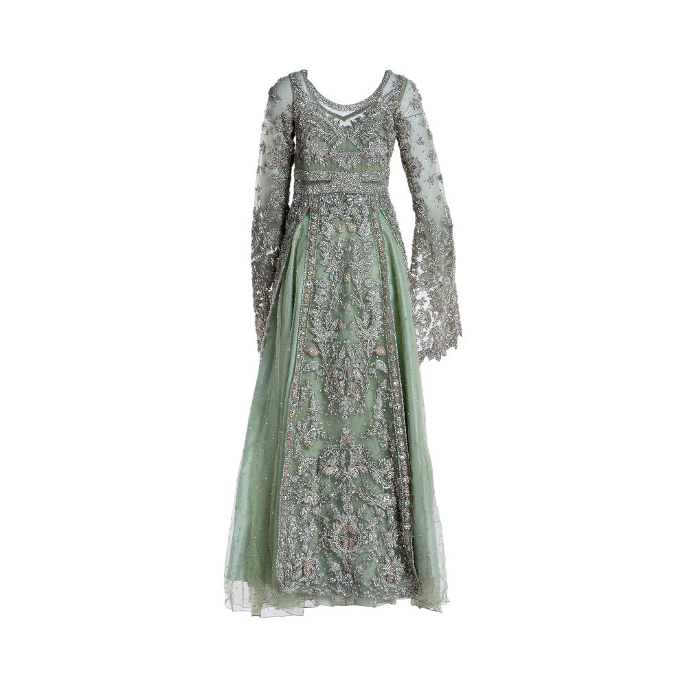 Pre-owned Silhouette Formals Shaadi Outfit in Mint / Sage / Olive, Net / Tulle, Like New